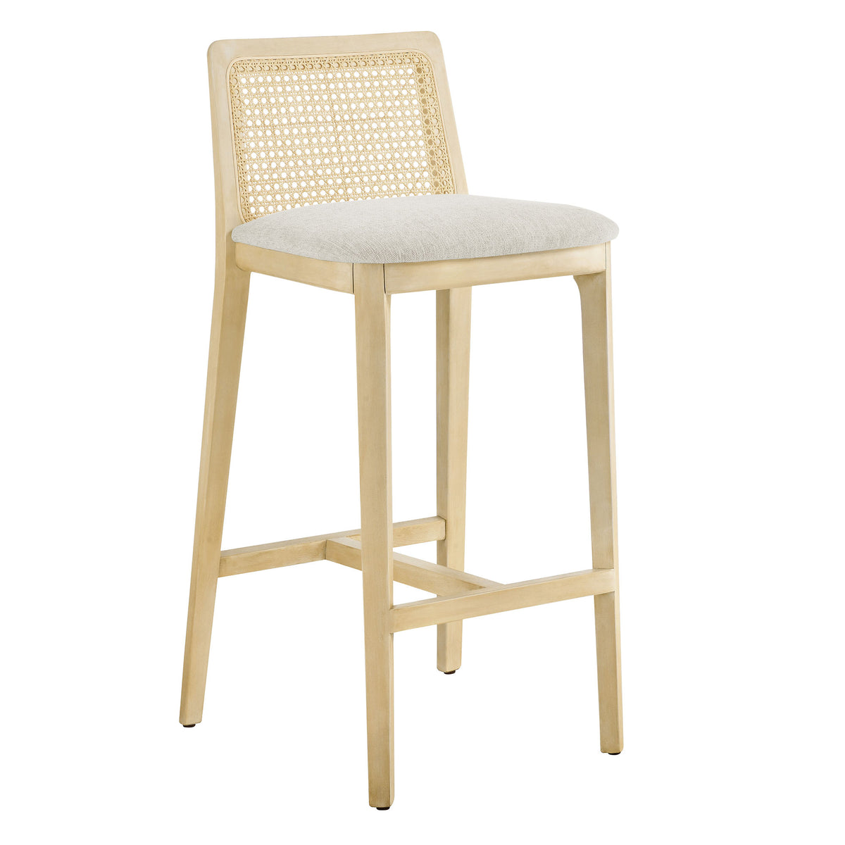 Monarch Wood and Rattan Bar Stool in Antique White Natural Heathered Weave Ivory