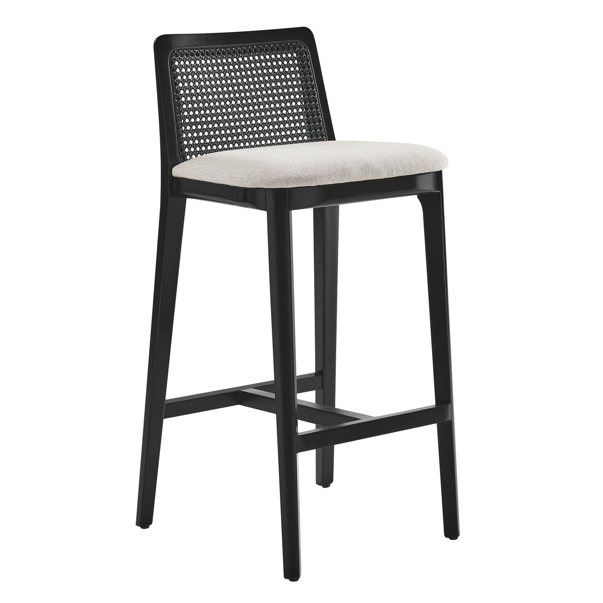 Monarch Wood and Rattan Bar Stool in Black Black Heathered Weave Ivory