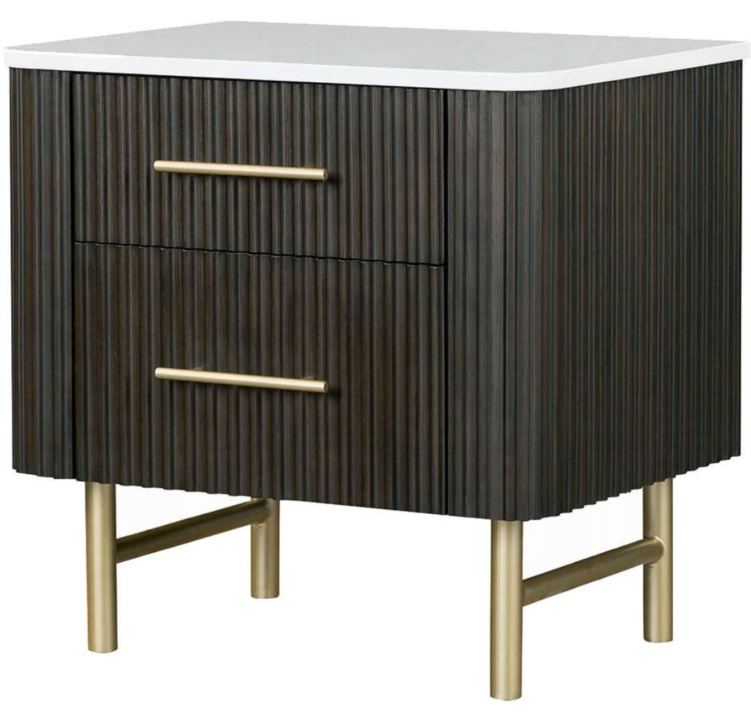 Panthere White Marble Top & Flutted Espreeso Wood Finish with gold accents