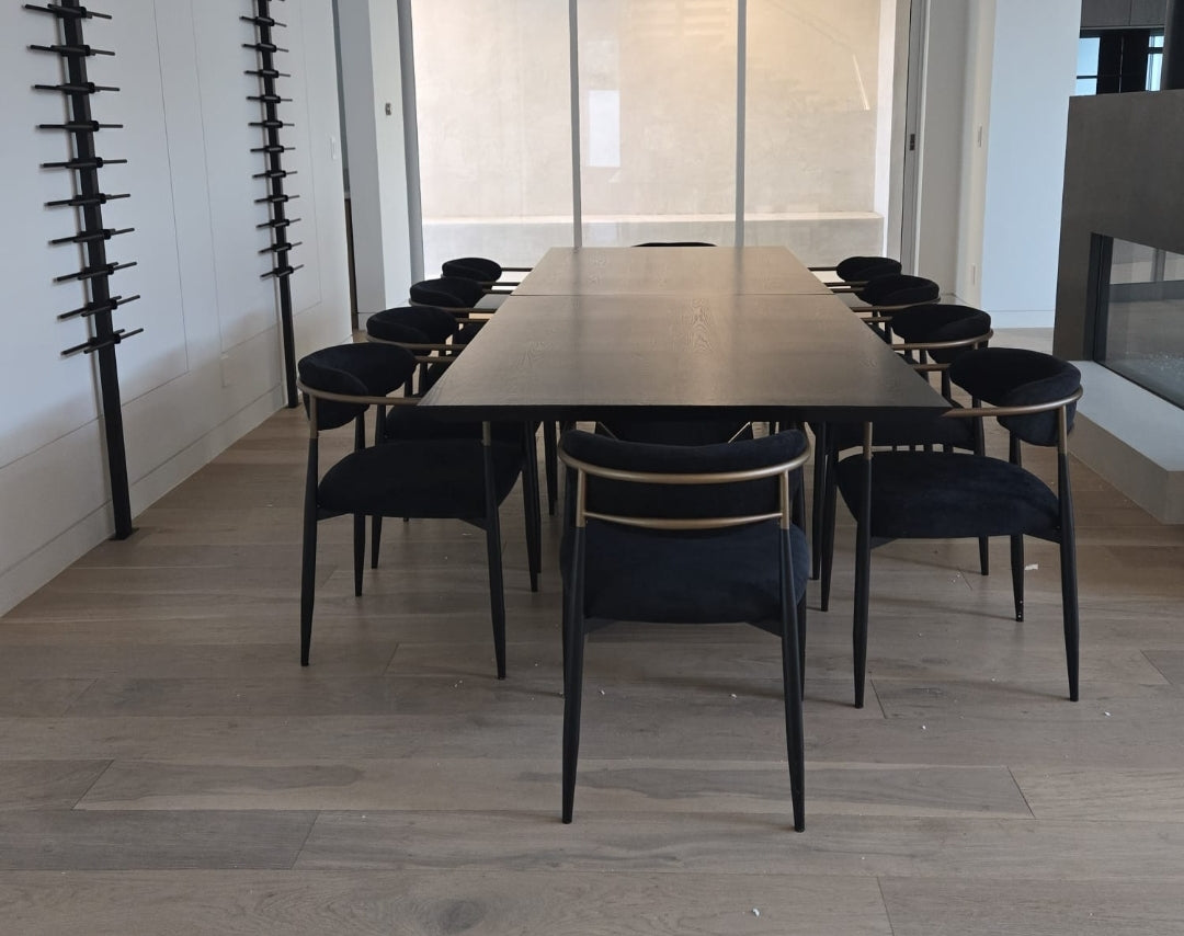 Panthere Black performance chenille dining chair with brass accent