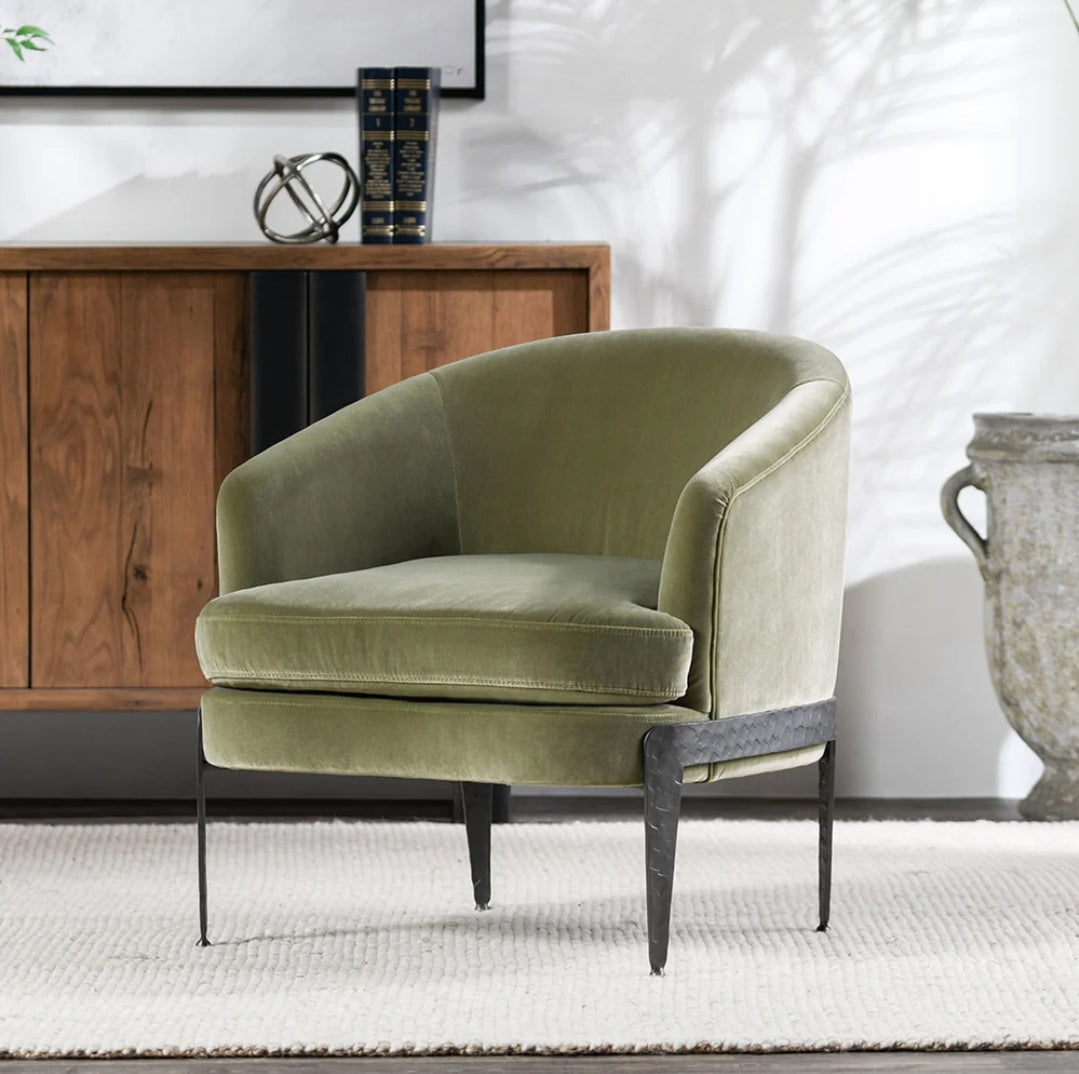 Lime Green Plush Velvet Upholstered Accent Chair with hammered Iron frame