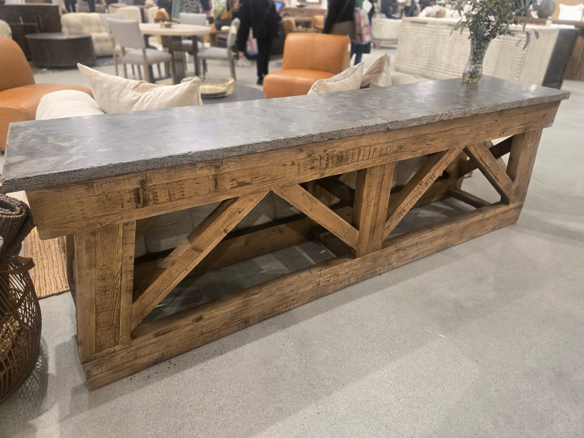 108" Handcrafted Reclaimed Solid Pine Console table with marbelized bluestone top