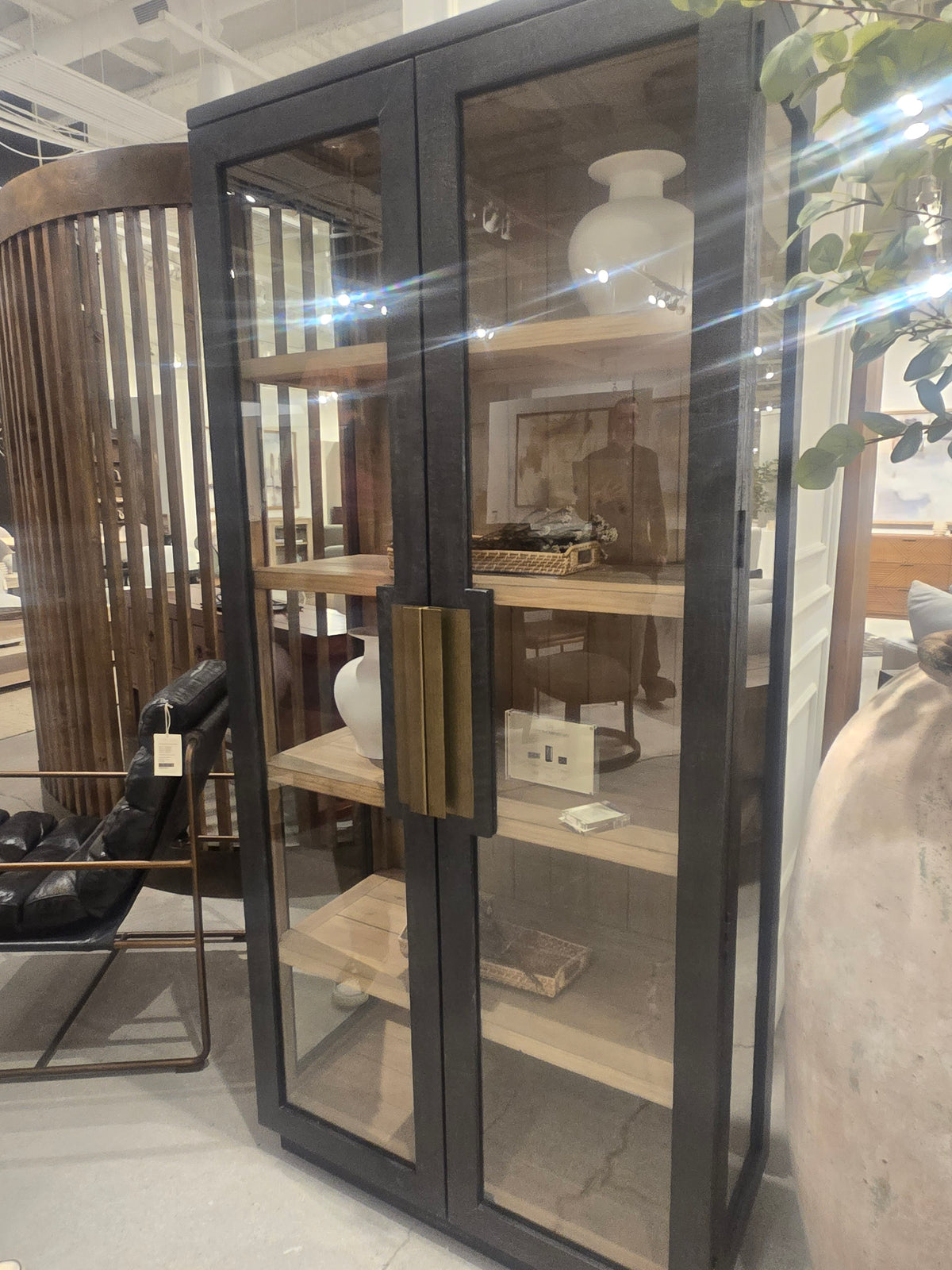 Brand New 82" Black Solid Reclaimed Wood Cabinet with tempered glass door with brass handles