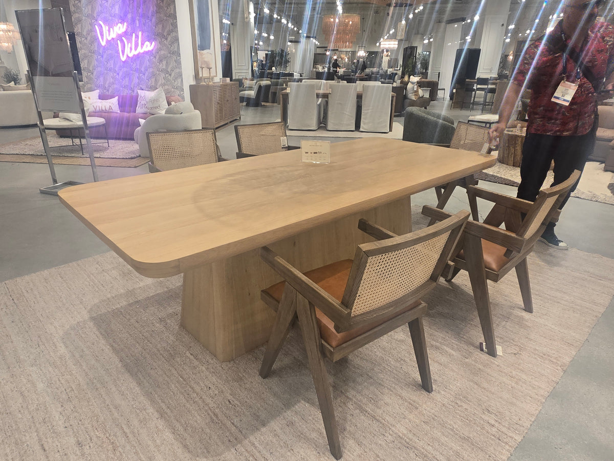 95" Solid Wood pedestal base dining table finished in Natural oak color