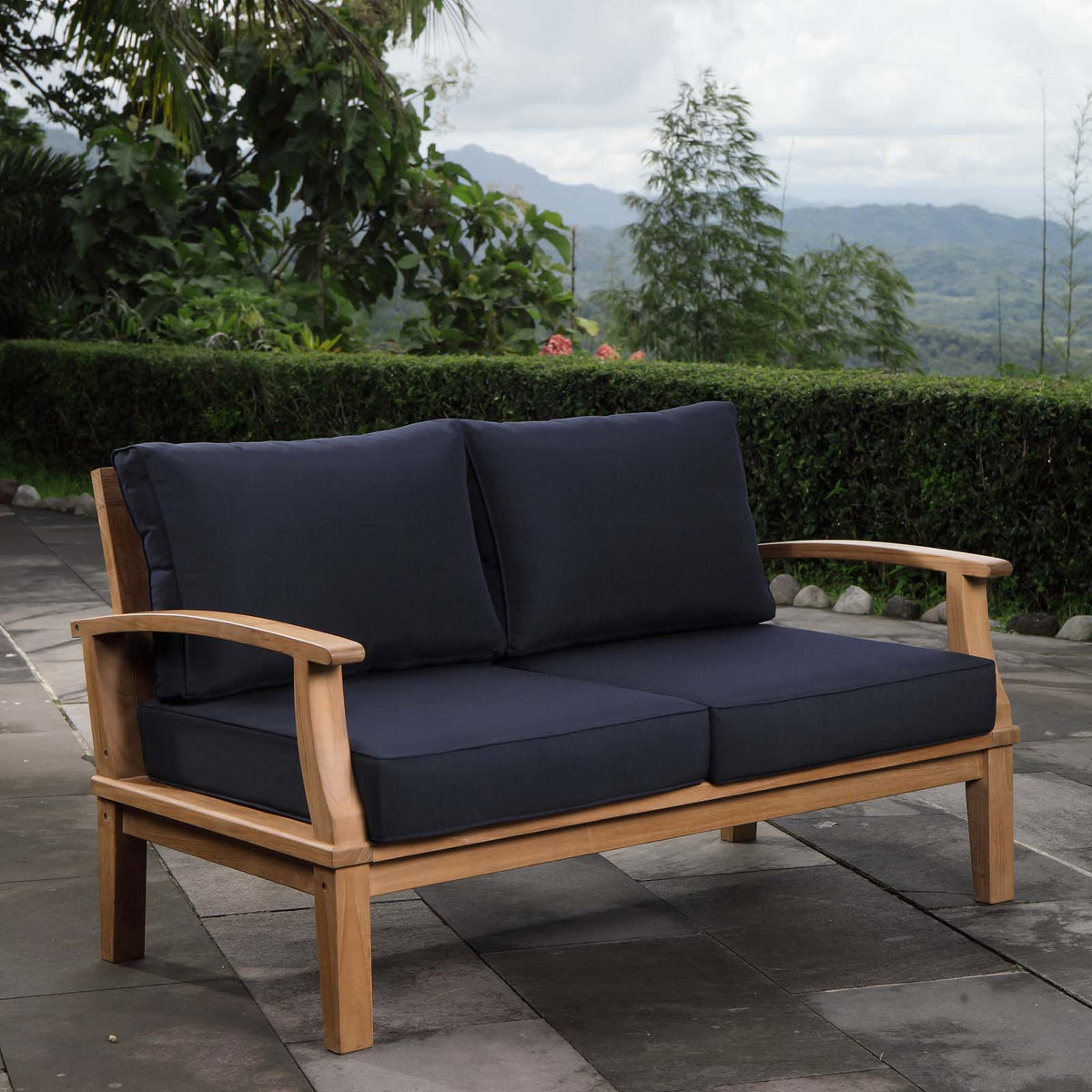 Marina Outdoor Patio Teak Loveseat by Modway in Natural Navy
