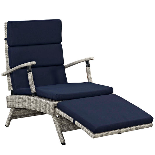 Wicker Rattan Lounge Chair in Light Gray with Navy Cushions