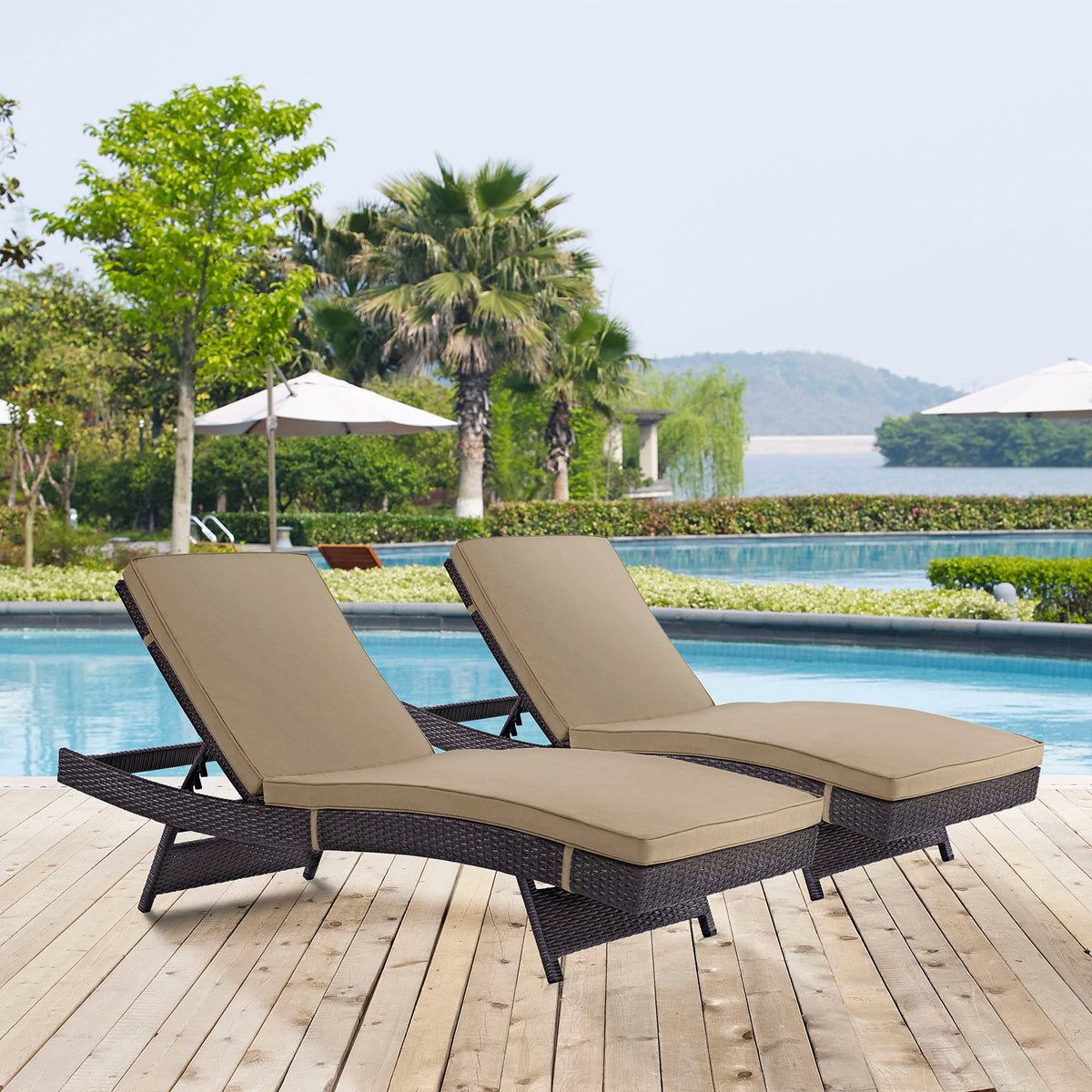 Convene Outdoor Patio Chaise Set of 2 by Modway in Espresso Mocha