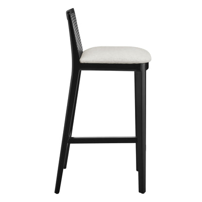Monarch Wood and Rattan Bar Stool  in Black Black Heathered Weave Ivory