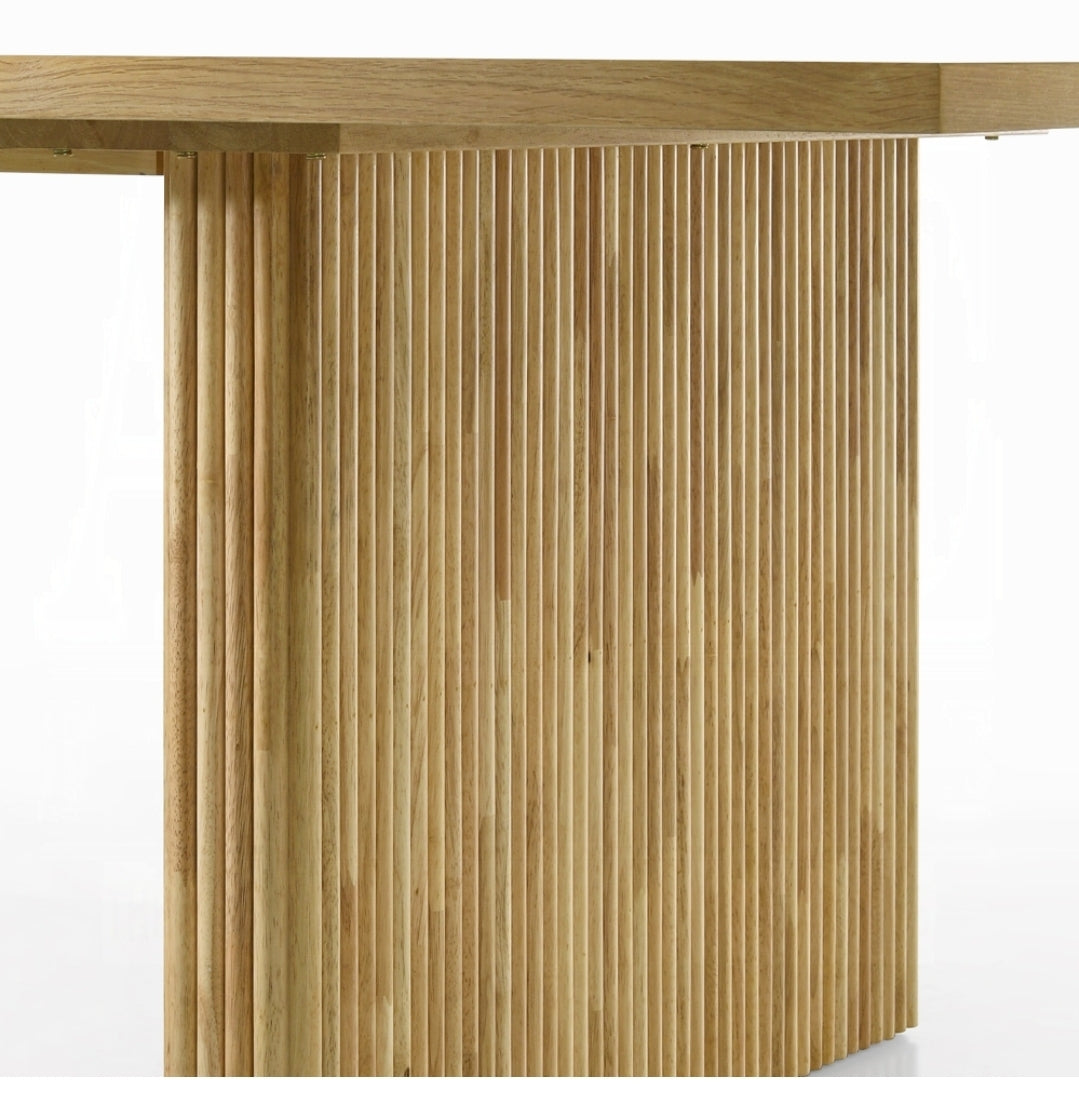 Rectangular 94" Wood dining table with Double pedestal Flutted base finished in natural