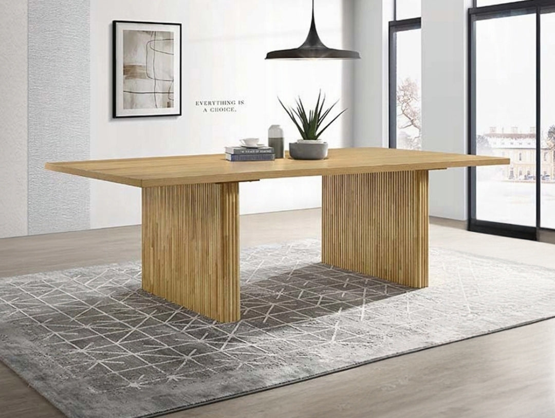 Rectangular 94" Wood dining table with Double pedestal Flutted base finished in natural