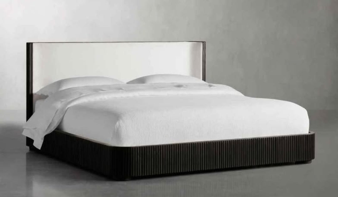 Panthere platorm bed with flutted wood and ivory fabric