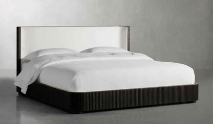 Panthere platorm bed with flutted wood and ivory fabric
