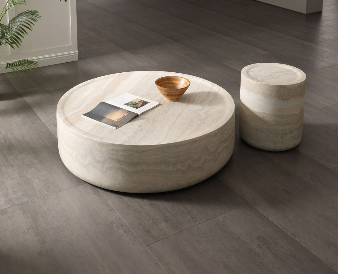 Modern 44" Faux Travertine Round Coffee Table