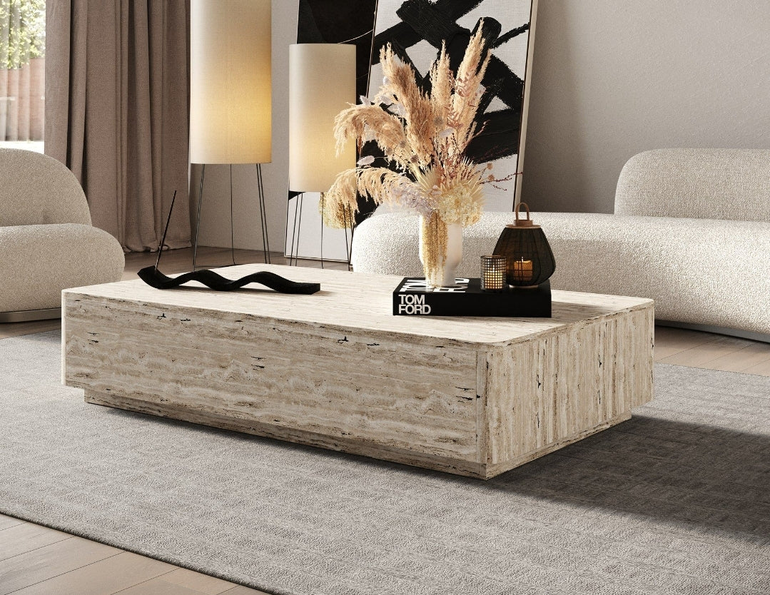 Luna 55" Travertine Finish Rectangular Coffee Table