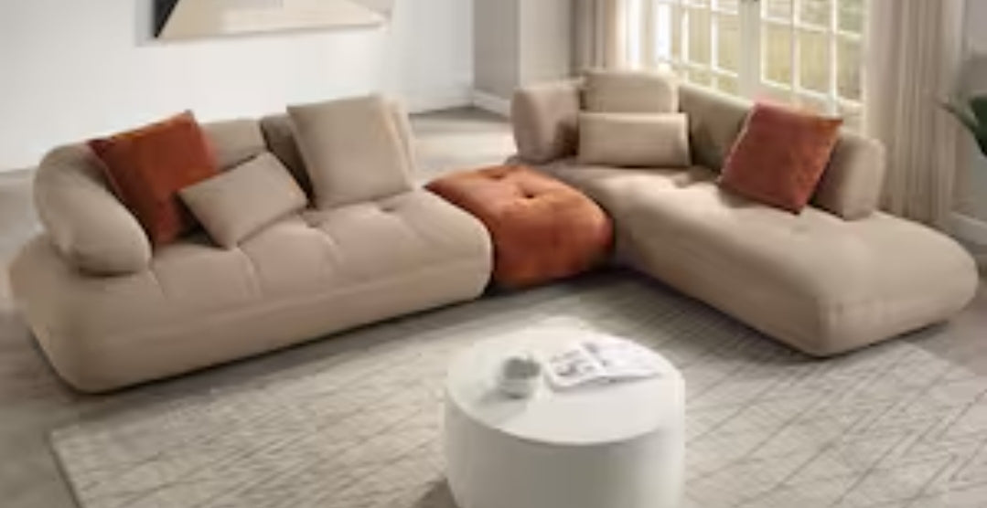 Gorgeous tufted Right facing sectional upholstered in soft beige performance mesh fabric