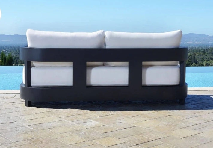 Santiago Black Coated Aluminum Seating Set - White Sunbrella Cushions