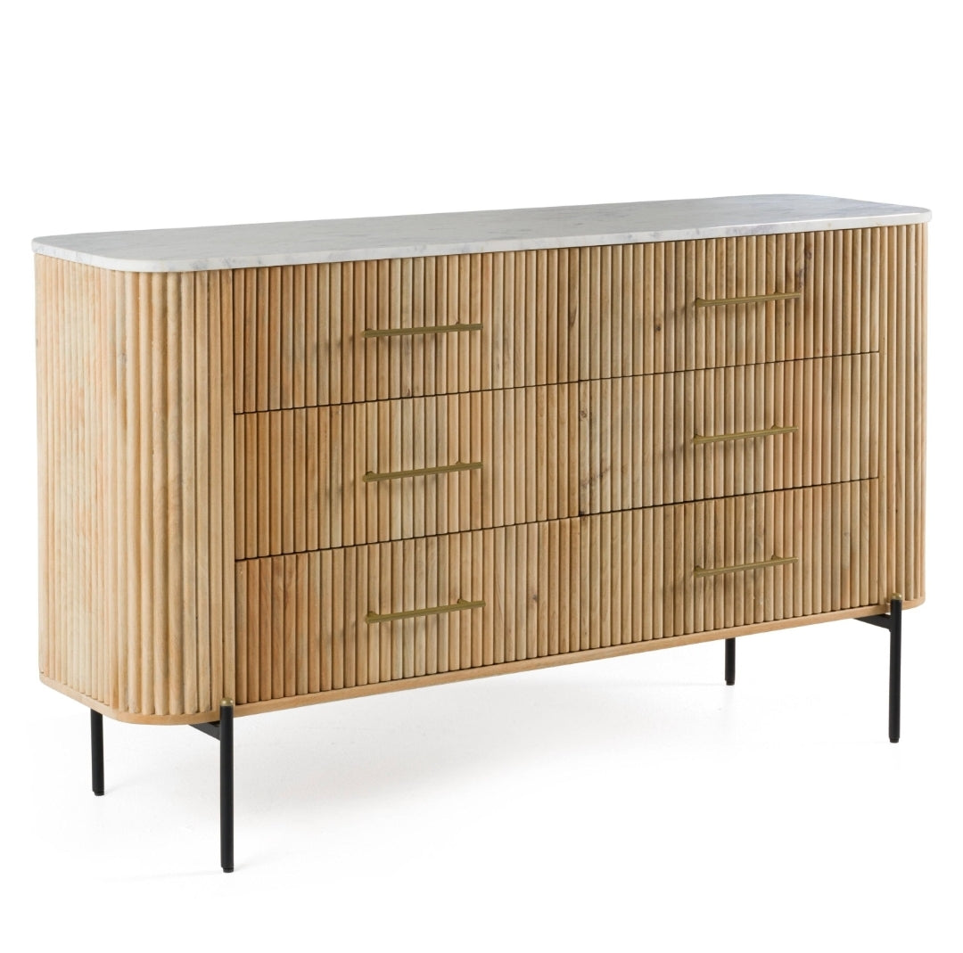 Gorgeous 6 Drawer Dresser with White Carerra Marble & Flutted Mango Solid Wood