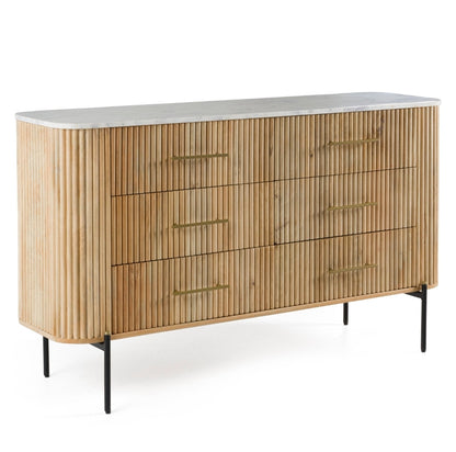 Gorgeous 6 Drawer Dresser with White Carerra Marble & Flutted Mango Solid Wood