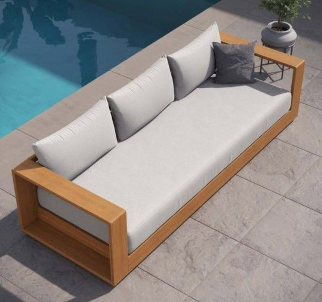 4 piece Outdoor patio Collection Set with light gray all weather cushions FSC certified Acacia Wood
