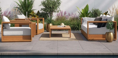 4 piece Outdoor patio Collection Set with light gray all weather cushions FSC certified Acacia Wood