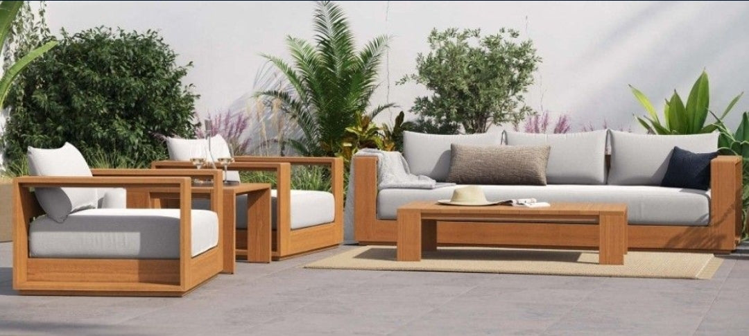 4 piece Outdoor patio Collection Set with light gray all weather cushions FSC certified Acacia Wood