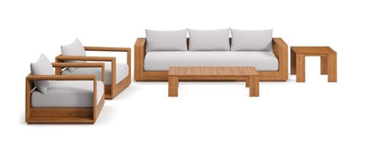 4 piece Outdoor patio Collection Set with light gray all weather cushions FSC certified Acacia Wood