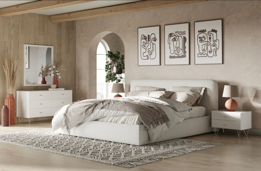 Lourdes cloud style Ivory Fabric performance Upholstered Bed