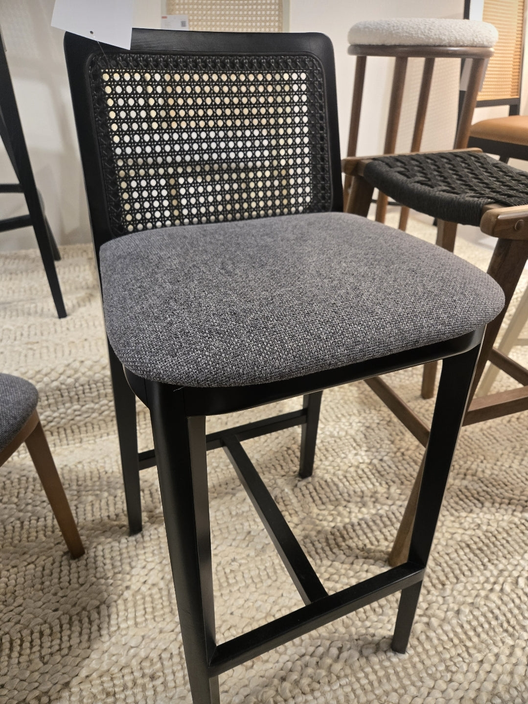 Gorgeous Wood and Rattan Counter Stool in Black Heathered Weave Ivory *other colors availa