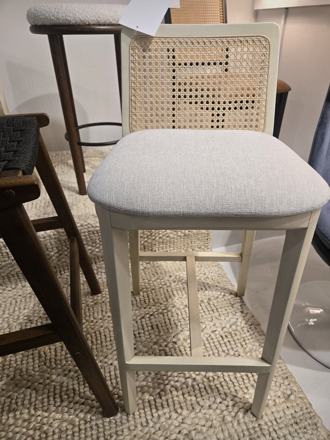Gorgeous Wood and Rattan Counter Stool in Black Heathered Weave Ivory *other colors availa
