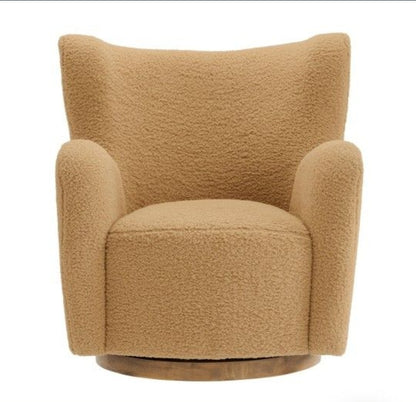 Wingback Swivel Accent Chair Upholstered in camel performance fabric with Walnut swivel base