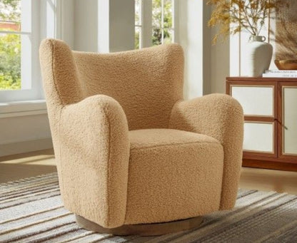 Wingback Swivel Accent Chair Upholstered in camel performance fabric with Walnut swivel base