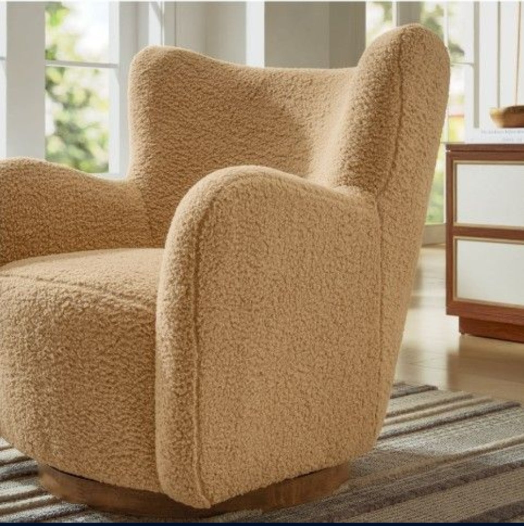 Wingback Swivel Accent Chair Upholstered in camel performance fabric with Walnut swivel base