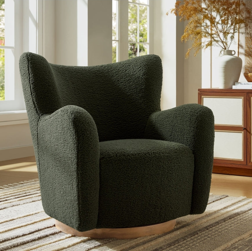 Wingback Swivel Accent Chair Upholstered in performance fabric with Walnut swivel base