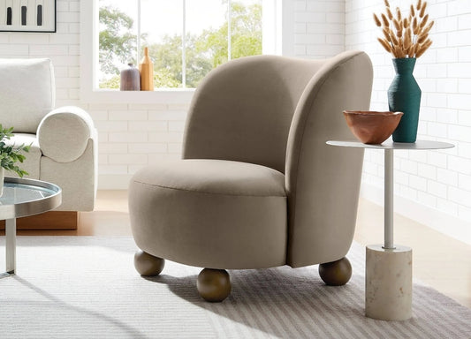 Accent lounge chair upholstered in Taupe Performance Velvet with Walnut legs