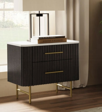 Panthere White Marble Top & Flutted Espreeso Wood Finish with gold accents