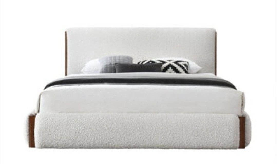White Platform Bed finished in Walnut and Performance Fabric