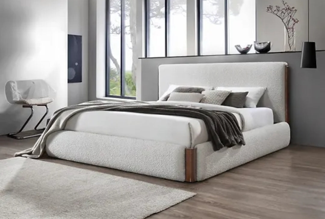 White Platform Bed finished in Walnut and Performance Fabric
