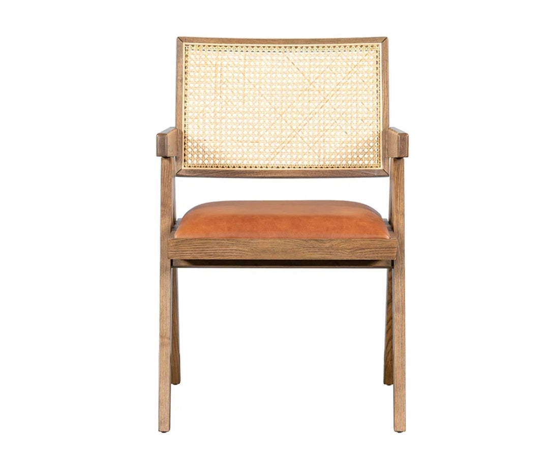 MCM Top Grain Leather Seat Dining Chair with solid wood frame and cane