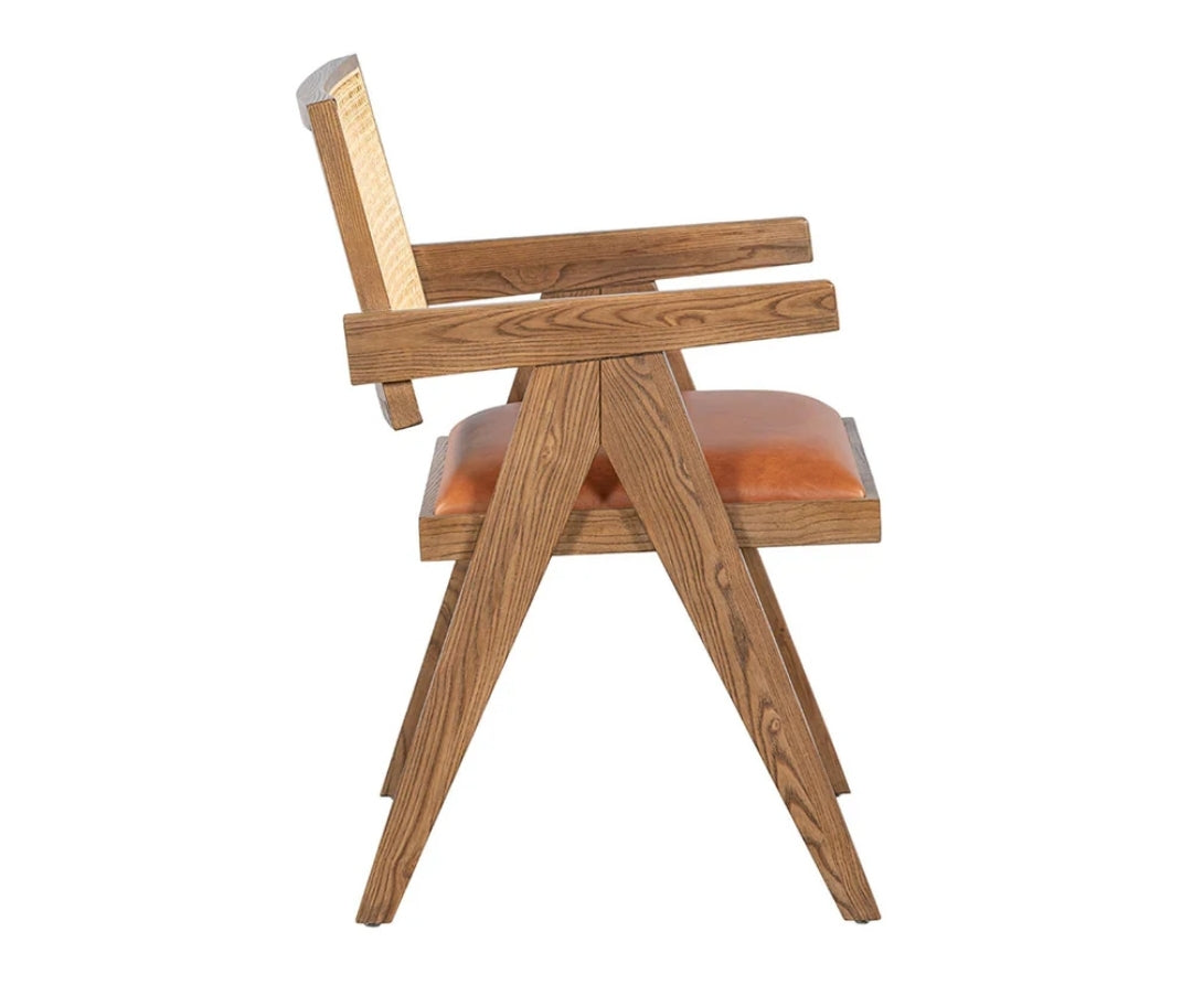MCM Top Grain Leather Seat Dining Chair with solid wood frame and cane