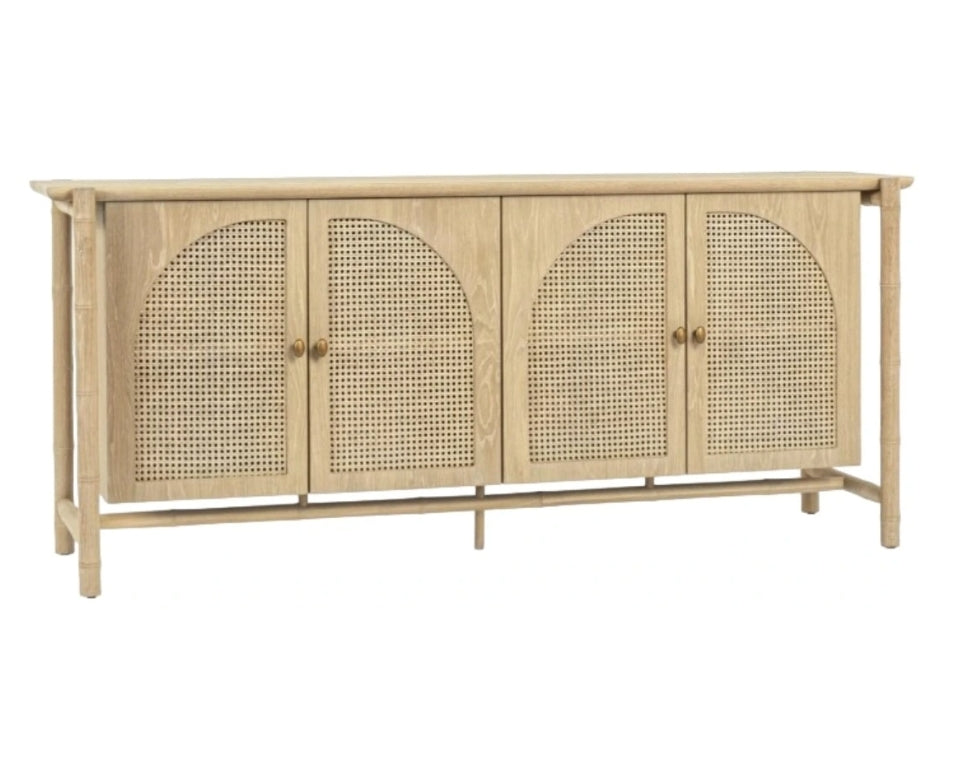 Brand New 79" Solid Oak Wood 4Dr Sideboard Cabinet with cane and antiqued brass handles