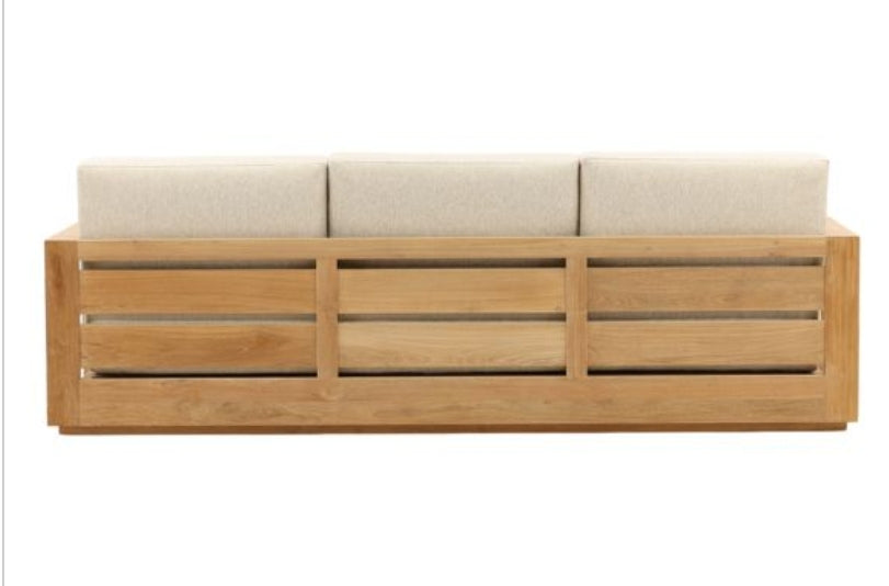 Kuba Solid Teak outdoor Sofa with Performance Olefin beige cushions and slatted back design
