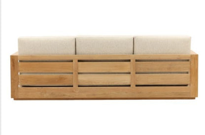 Kuba Solid Teak outdoor Sofa with Performance Olefin beige cushions and slatted back design