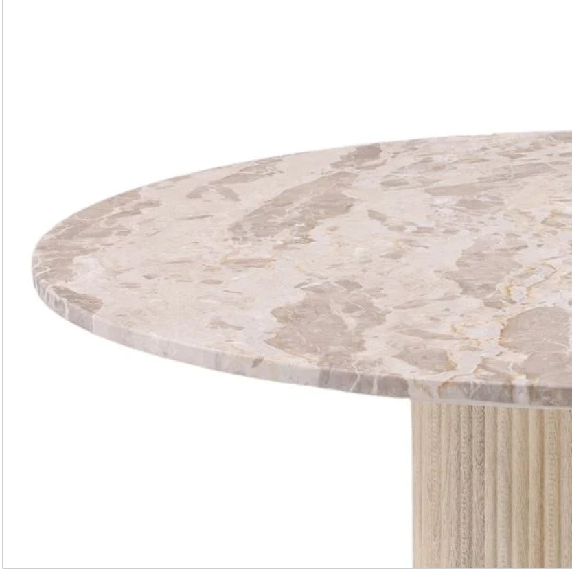 Brand New 48" Circular Tendu Marble and Flutted Mango Wood Base by Dovetail