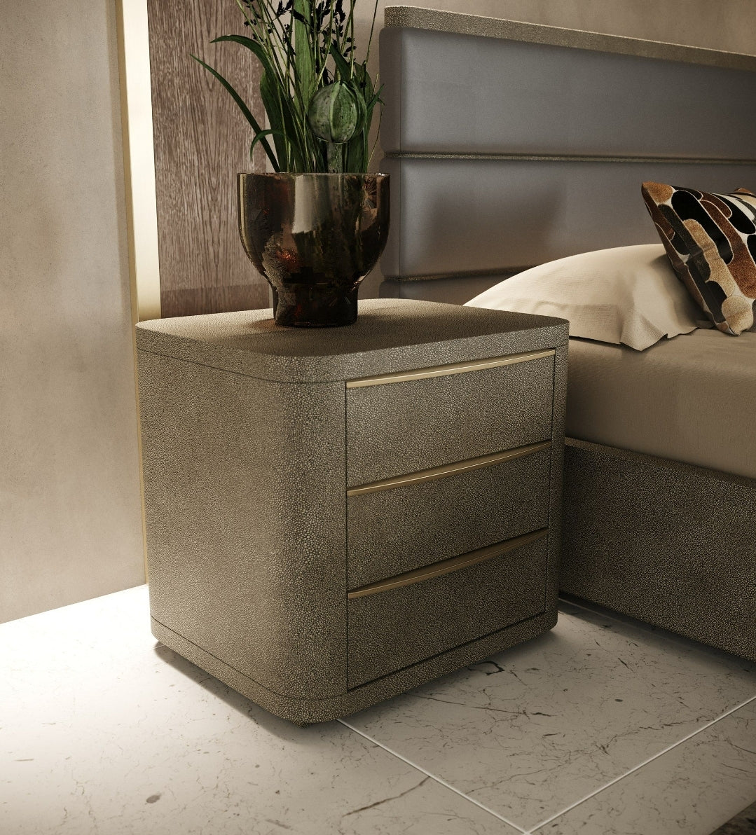 Modern Grey Leather & Beige Shagreen Bedroom Set