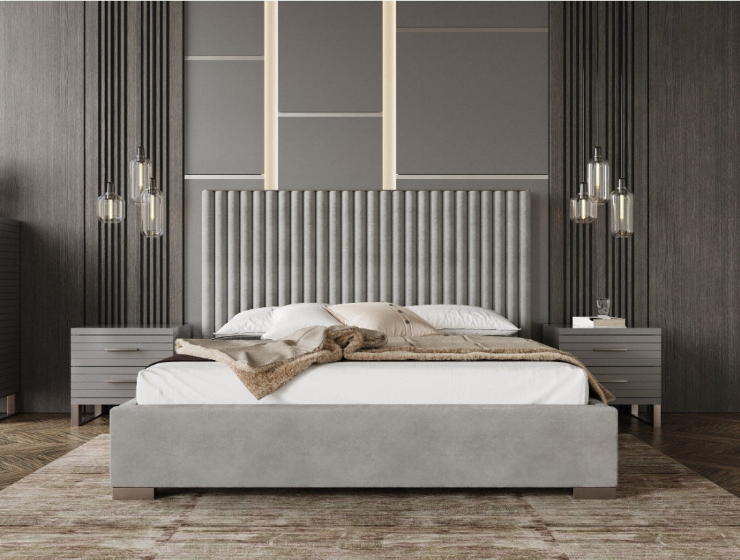 Eastern King Silver & Grey Velvet Upholstered Platform Bed