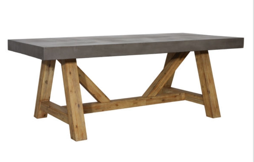 79" Outdoor Solid Concrete Dining Table with wood trestle pedestal
