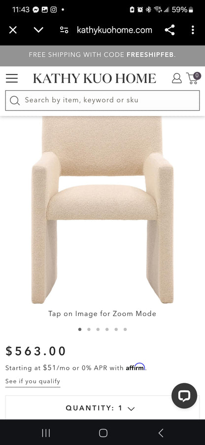 Larsa Dining Chair fully upholstered in performance Ivory Sand light textured luxurious fabric