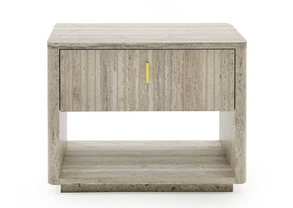 Rolan Nightstand with Travertine Finish and gold accent pulls