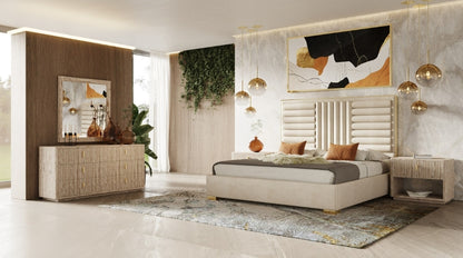 Rolan Nightstand with Travertine Finish and gold accent pulls