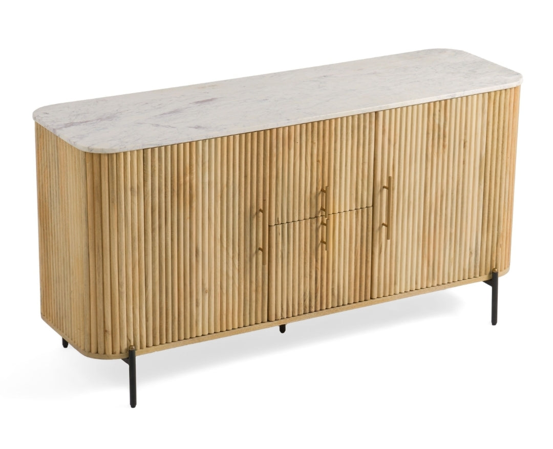 Gorgeous Solid Wood and White Carerra Marble 2 Door Sideboard w/ stunning brass handles